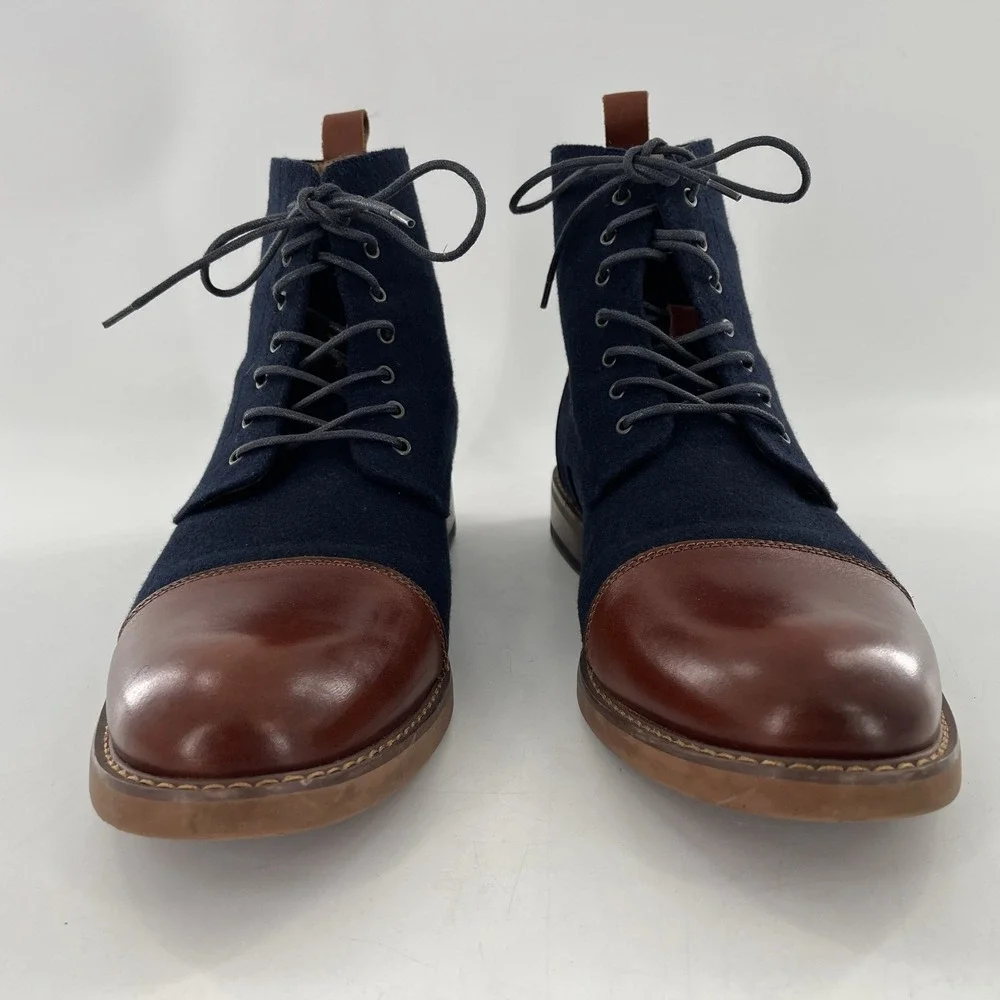 La Milano Mens Lace Up Boots Stance Cognac‎ Navy Leather Fabric Cap Toe Size 14